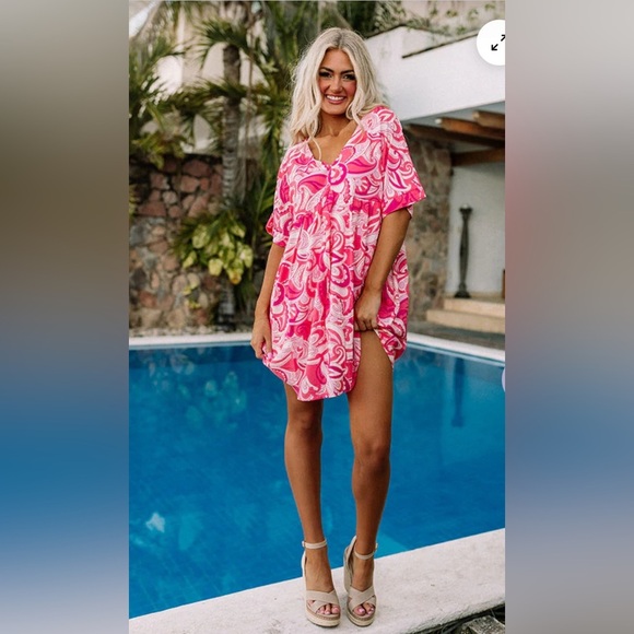 Emily Wonder Try To Resist Babydoll Dress Calypso Large Pink Coral Lined Beach - Picture 1 of 12